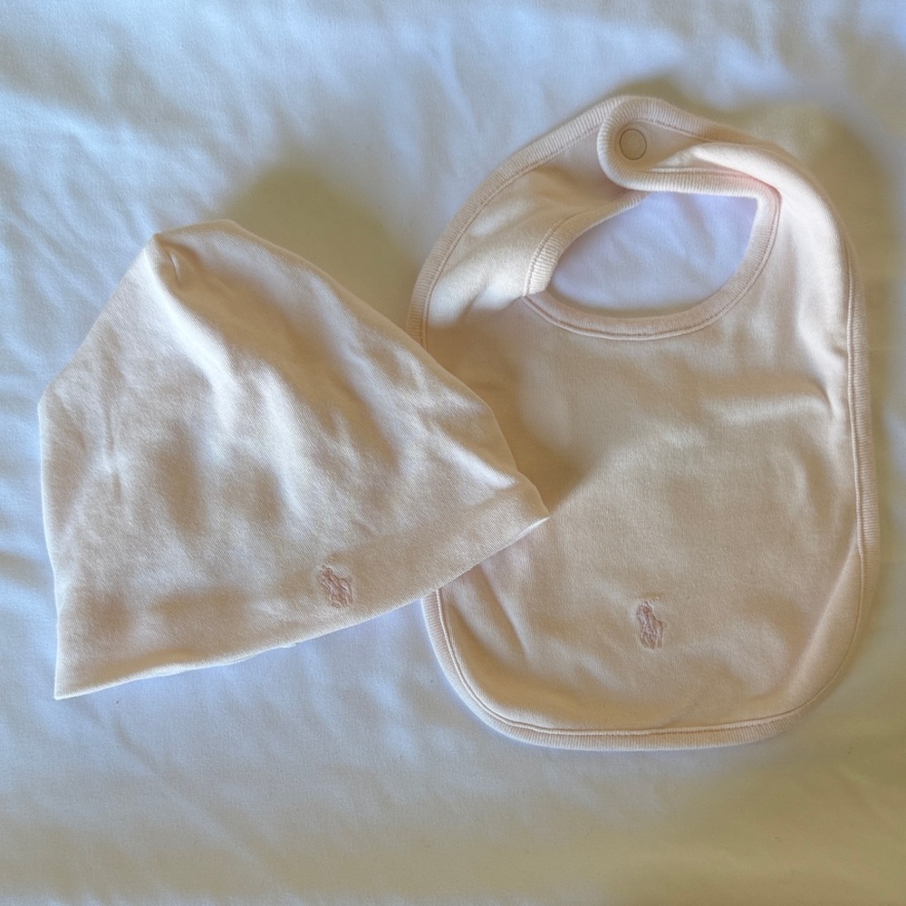 Ralph Lauren Light Pink Baby Bib and Hat Set
